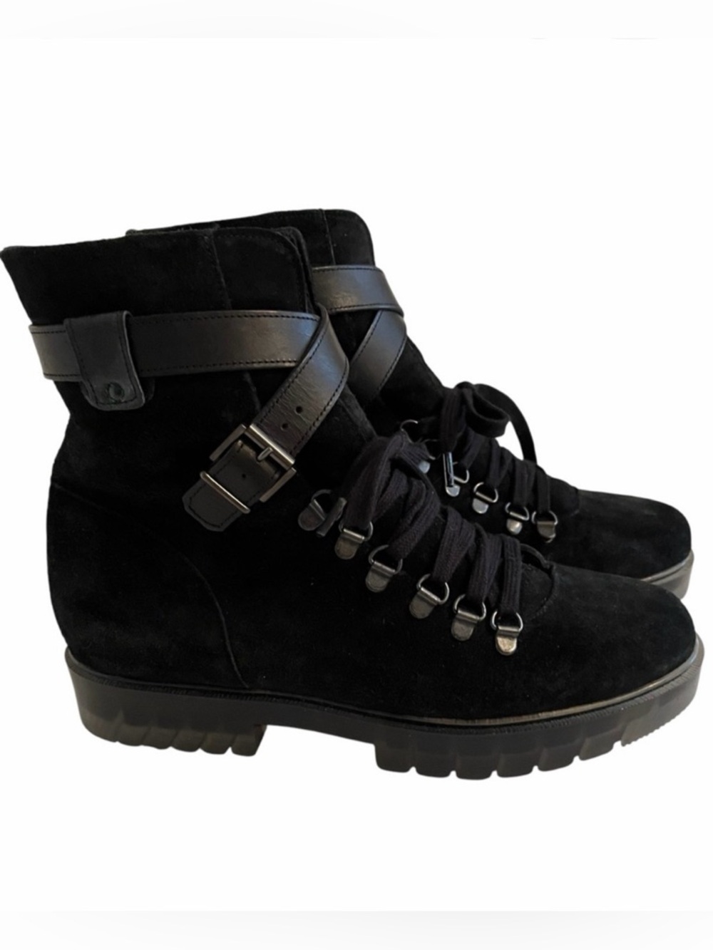 Robert Clergerie Black Suede Lace Up Buckle Lug Sole Ankle Boots 38(7.5) NEW?